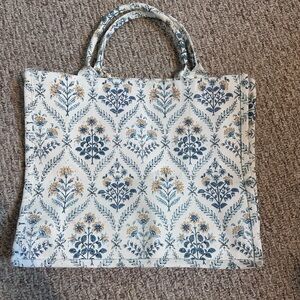 Floral Canvas Tote Bag - Blue and Cream
